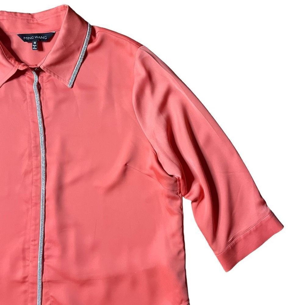 Ming Wang Coral Blouse Button Down Silver Bead Size Medium - Picture 3 of 7